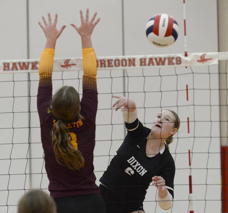 Dixon's Rayven Mowery spikes against Stockton in the championship match at the Oregon Varsity Girls Volleyball Tournament on Saturday, Sept. 6, 2025 at the Blackhawk Center in Oregon.