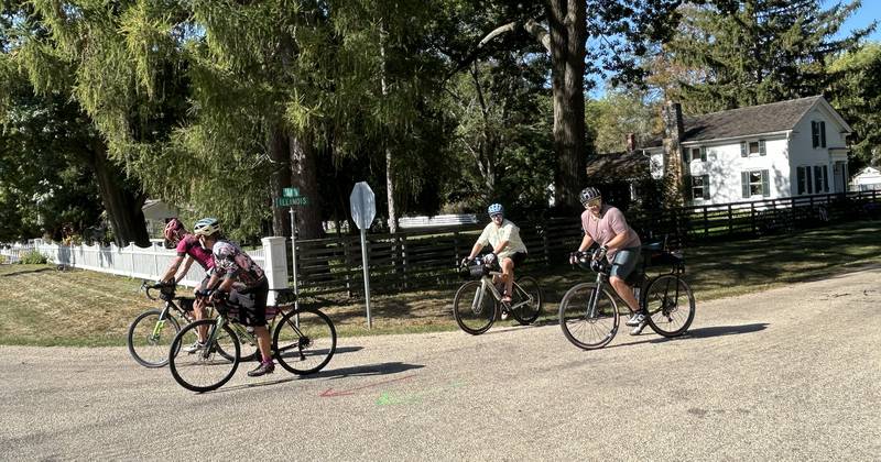 Bicyclists head out from the rest stop at the John Deere Historic Site during the 10th annual TOSOC (Tour of Scenic Ogle County) on Saturday, Sept. 27, 2025.