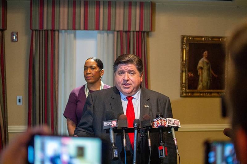 Gov. JB Pritzker answers questions on the rejection of his Prisoner Review Board appointee Wednesday at an event in Springfield.