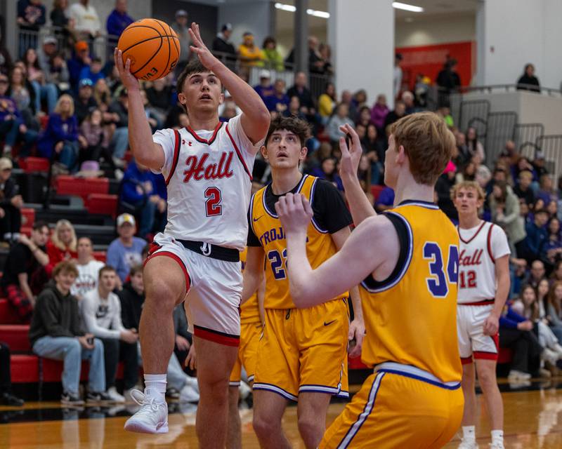 Geno Ferrari (2) of hall lays ball up in the championship game of the Colmone Classic on Saturday, December 20, 2025 at Hall High School in Spring Valley.