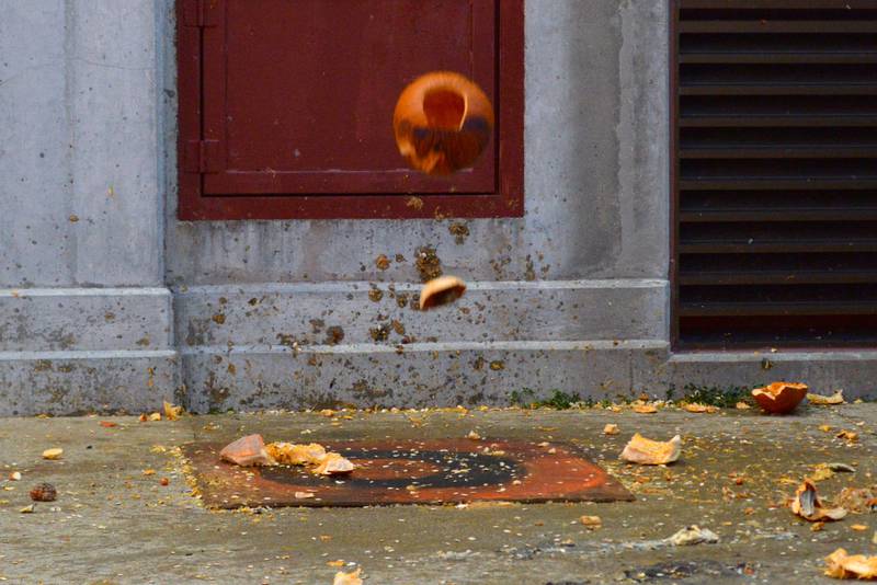 A Jack-O-Lantern heads toward the bullseye during the Byron Fire Department's annual Pumpkin Smashing Event on Wednesday, Nov. 1, 2023.