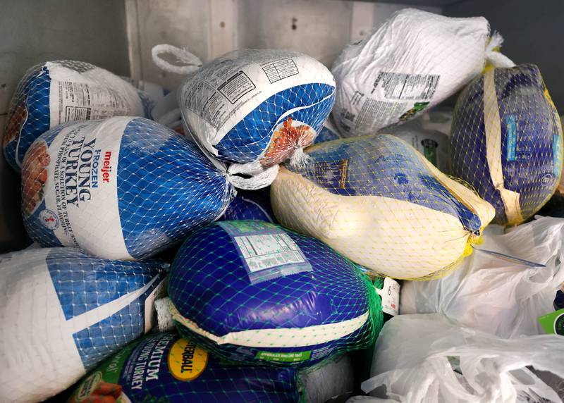 Some of the turkeys donated to TD Ryan’s Let’s Talk Turkey Thanksgiving food drive Friday, Nov. 21, 2025, at the Salvation Army food pantry in DeKalb.