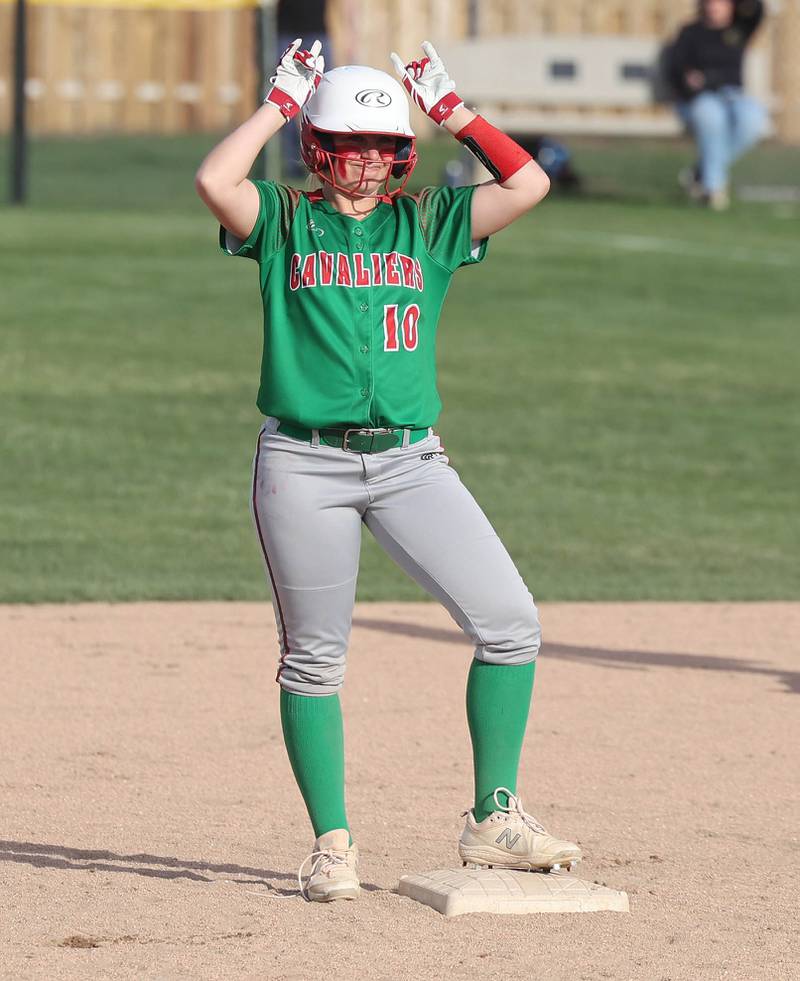 LaSalle-Peru's Ava Lannen celebrates after hitting a double during their game Tuesday, April 11, 2023, at Sycamore High School.