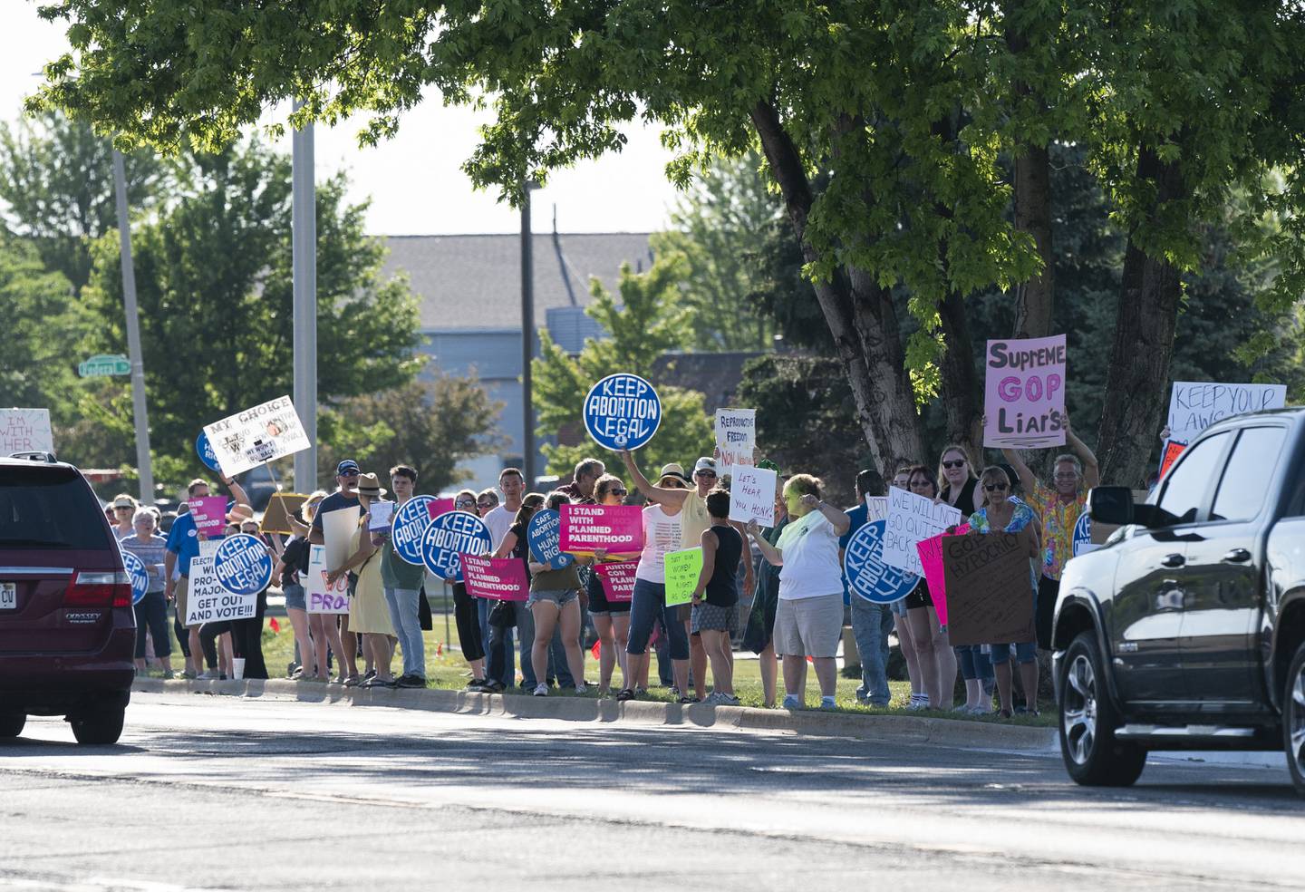 Protestors line up Friday, June 24, 2022, along Route 14 near Exchange Drive in Crystal Lake during a protest over the overturning of Roe v. Wade, organized by the McHenry County National Organization for Women. On Friday, the U.S. Supreme Court overturned the decades-old ruling that upheld the right to an abortion.