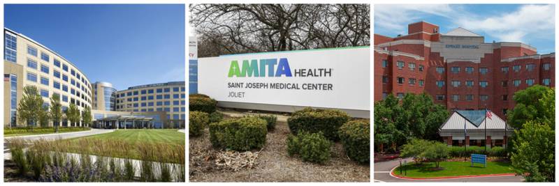 Pictured is Silver Cross Hospital in New Lenox, AMITA Health Saint Joseph Medical Center in Joliet and Edward Hospital in Naperville.