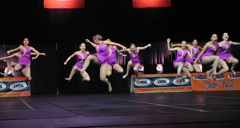 Members of the Benet Academy dance team perform during the IHSA State Dance finals on Saturday, Feb. 1, 2025 at Grossingers Motor Arena in Bloomington.