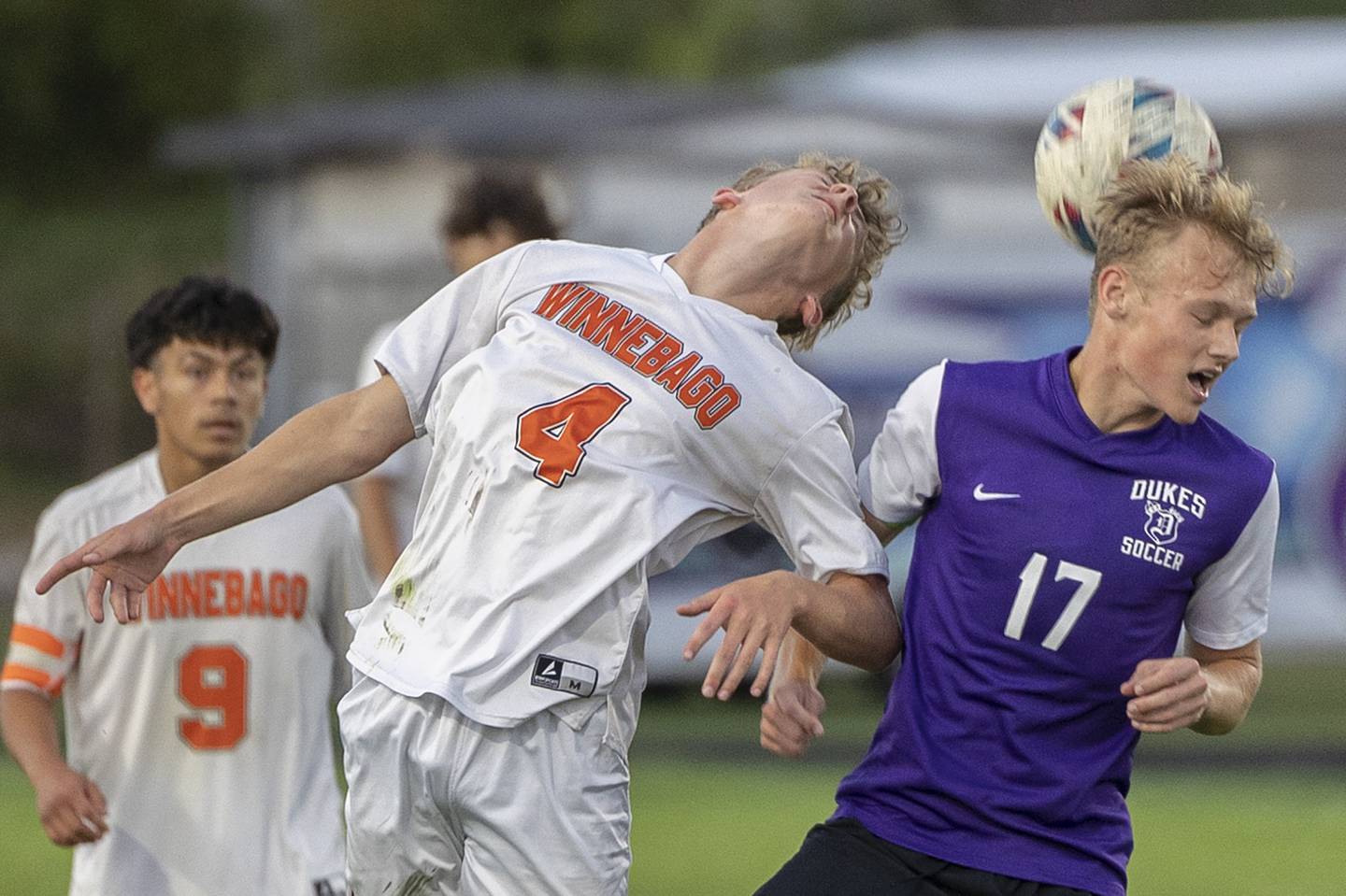 Winnebago’s Adam Weber and Dixon’s Hayden Yingling work for the ball Thursday, Sept. 26, 2024, at Dixon High School.