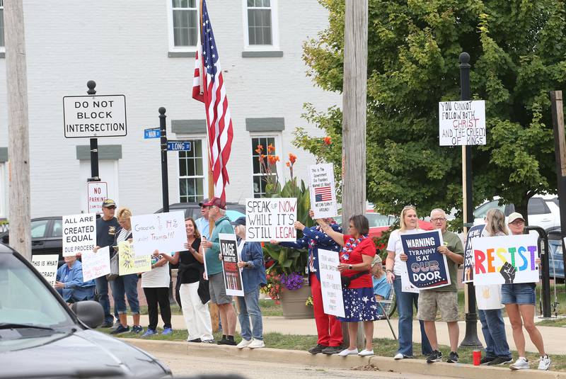 Traffic moves along North Main Street at protesters hold signs during A "Workers Over Billionaires." protest on Saturday, Aug. 30, 2025 at Rotary Park in Princeton. It's sponsored by Indivisible Bureau County. 
"Workers Over Billionaires" protests are held in towns and cities across the country this Labor Day weekend.
