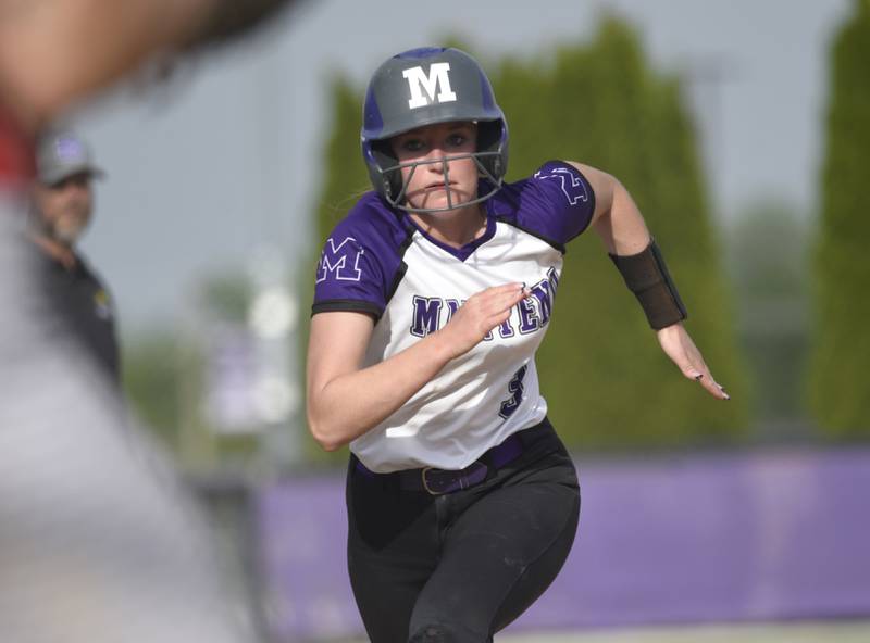 Manteno's Sophie Peterson races home to score the game's first run in the fifth inning against Bradley-Bourbonnais on Thursday, May 15, 2025.