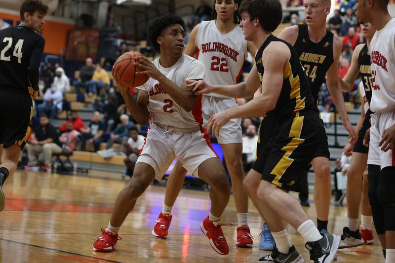 Bolingbrook’s Jaydin Dunlap looks for a play against Andrew in the Class 4A Oswego Sectional semifinal. Wednesday, Mar. 2, 2022, in Oswego.