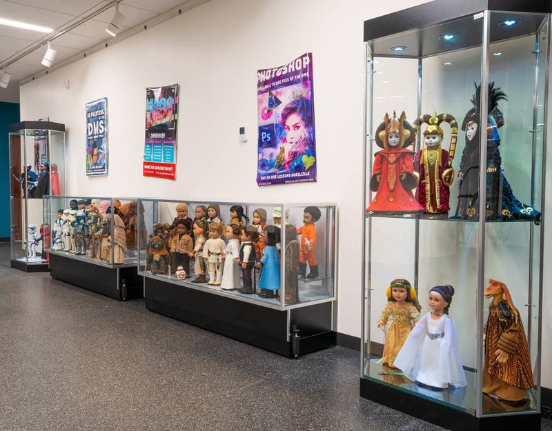 Kathy Van Beuningen's collection of Star Wars dolls is on display on the lower level of the Joliet Public Library Ottawa Street Branch. Van Beuningen is a member of the 501st Legion, a Star Wars costuming group. May 4, 2023.