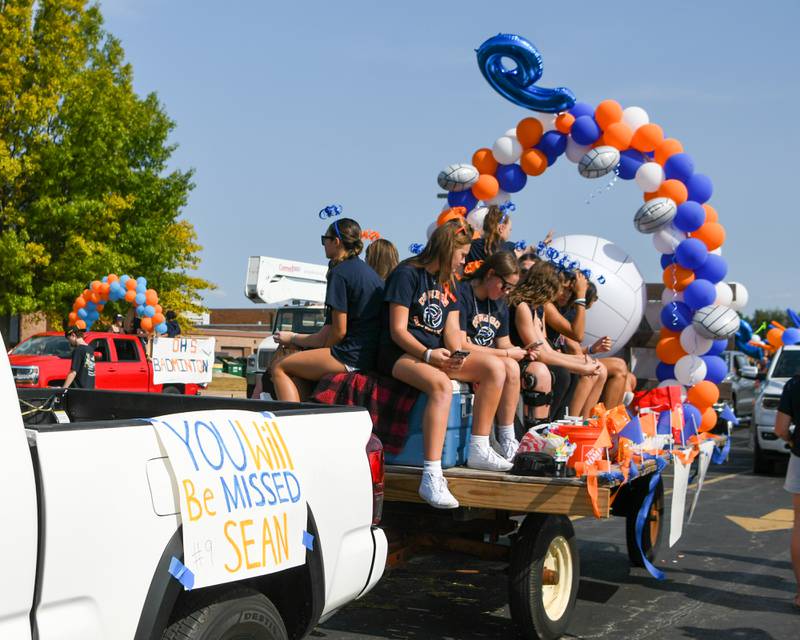 A sign hanging from the volleyball float reads You Will Be Missed Sean during the Oswego High School homecoming parade held on Sunday Sept. 15, 2024, that started and ended at Oswego High School.