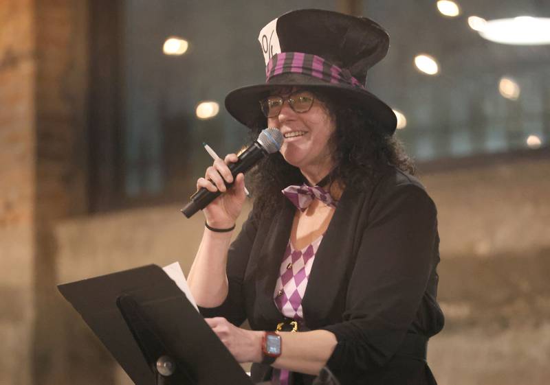 Jamie London, Mad Hatter emcee, welcomes attendees to the 9th annual NCI Artworks Mad Hatter Ball on Friday, Jan. 16, 2026 at the Westclox Event Center in Peru.