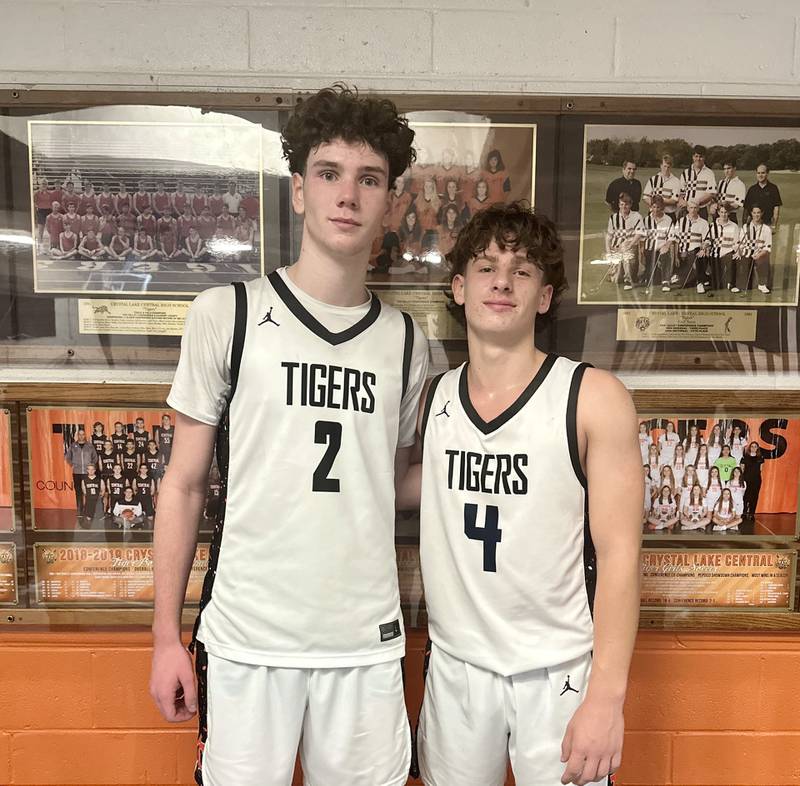 Danny Spychala (left) had 17 points and 11 rebounds, while Bud Shanahan (right) hit two 3-pointers in the fourth quarter as Crystal Lake Central beat Jacobs 49-38 on Wednesday.