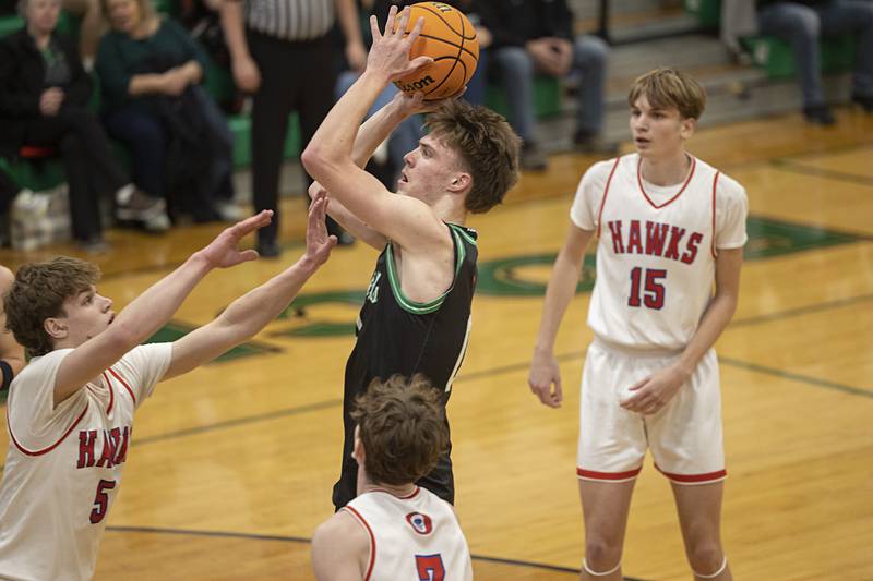 Rock Falls’ Max Burns puts up a shot against Oregon Wednesday, Feb. 25, 2026, in the Class 2A regional semifinal at Rock Falls High School.