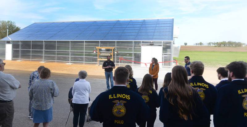 Steve Shaffer, president of the Polo FFA Alumni and Polo High School Agriculture Education teachers and FFA Advisors Stephanie Schultz and Alec Wetzell speak about Polo High School's new greenhouse at its official ribbon cutting  on Wednesday, May 1, 2024. The 42'x72' structure is located just to the east of the Ag shop at Polo High School.