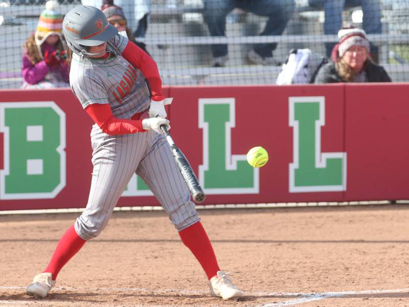 L-P's Allie Thome hits the ball against Morris on Monday, April 7, 2025 at the L-P Athletic Complex in La Salle.
