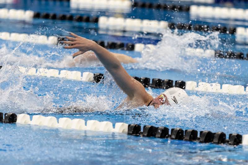 Lockport’s Lilly Strama competes in the 200 Yard Freestyle during the IHSA Girls State Swimming Preliminaries at FMC Natatorium in Westmont on Nov. 14, 2025.