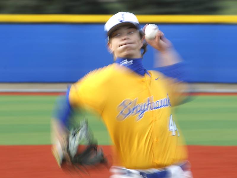 Johnsburg's Evan Pohl throw a pitch during a Kishwaukee River Conference baseball game against Marengo on Monday, April 21, 2025, at Johnsburg High School.