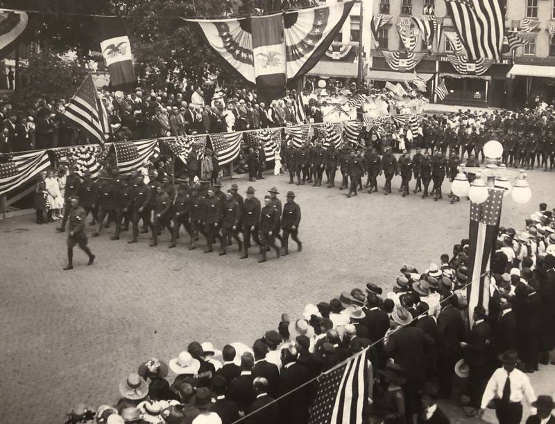 A Peace Parade is held in Woodstock on Nov. 11, 1918, the day the armistice was signed between Germany and the Allies, ending Word War I.