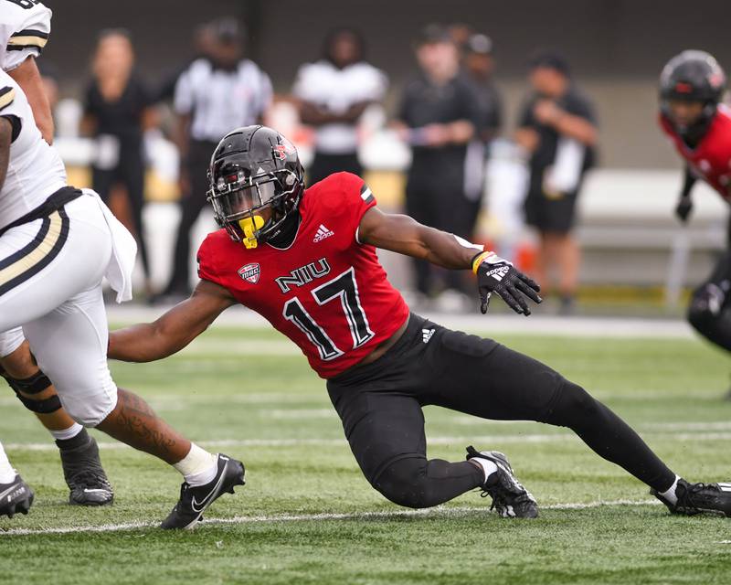 Northern Illinois Louis Frye (17) tries to tackle a Vanderbilt ball carrier in the second quarter on Saturday Sep. 17 at Huskie Stadium in DeKalb.