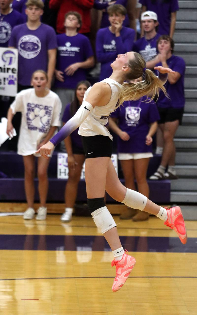 Hampshire’s Elizabeth King serves against Huntley in varsity girls volleyball at Hampshire High School in Hampshire on Tuesday, Sept. 23, 2025.