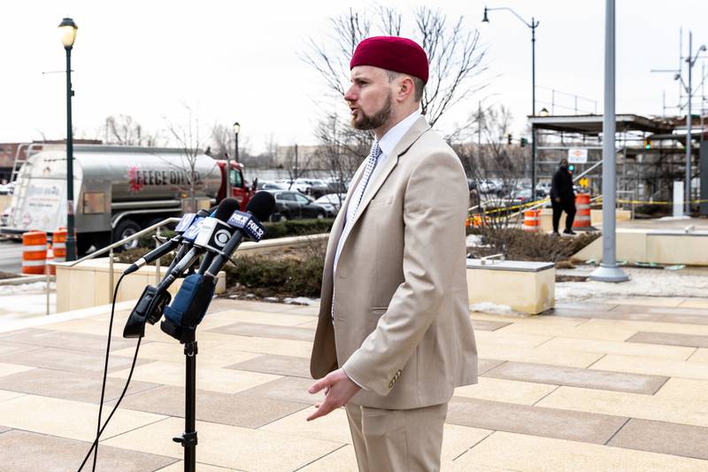 CAIR-Chicago Staff Attorney Joseph Milburn delivers remarks at the Will County Courthouse in Joliet on Feb. 24. before the first day of the trial against Joseph Czuba.