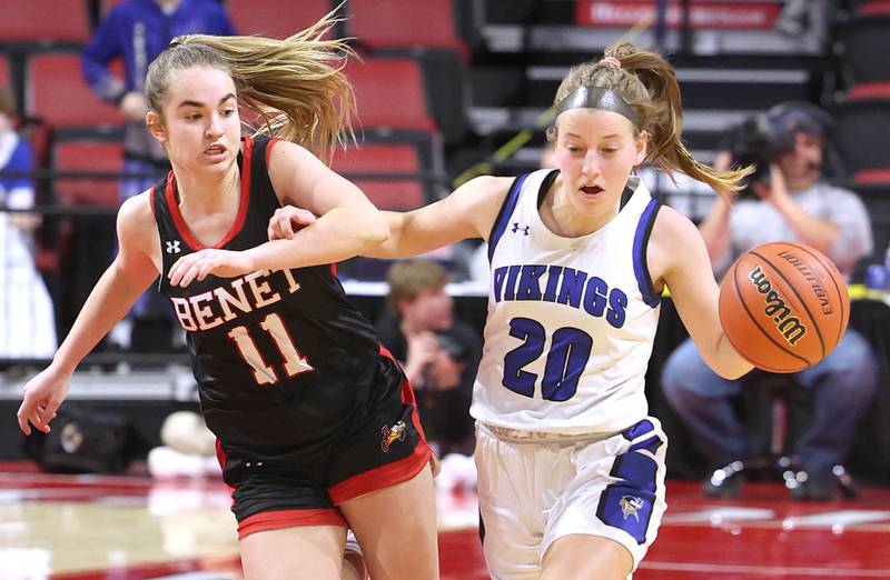 Geneva's Caroline Madden brings the ball up against Benet’s Sadie Sterbenz during their Class 4A state semifinal game Friday, March 3, 2023, in CEFCU Arena at Illinois State University in Normal.