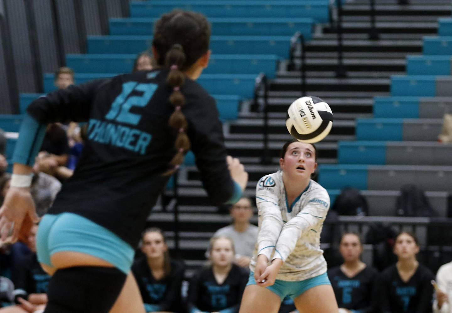Woodstock North's Madison Sofie passes the ball during a Kishwaukee River Conference volleyball match against Richmond-Burton on Monday, Sept. 15, 2025, at the Woodstock North High School.