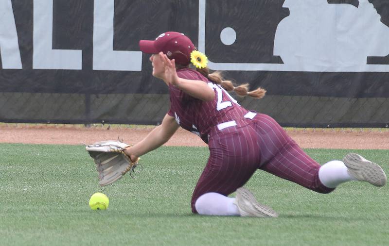 Lockport's Taylor Lane gets to the play late in the outfield against Oak Park River Forest during the Class 4A third-place game on Saturday, June 14, 2025 at the Louisville Slugger Sports Complex in Peoria.
