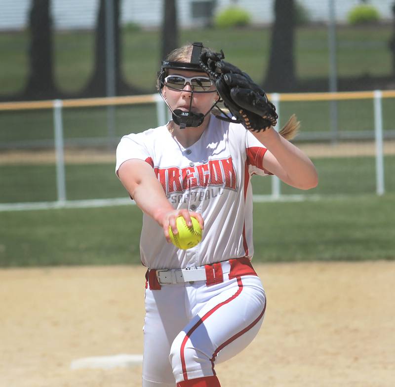 Oregon's Isabelle Berg pitches against Morrison on Saturday, May 17, 2025 at Oregon Park West.