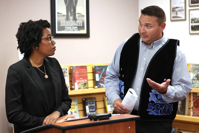 U.S. Rep. Lauren Underwood, D-Naperville, and Raphael J. Wahwassuck a tribal council member from the Prairie Band Potawatomi Nation talk Monday, Aug. 5, 2024, at the Flewellin Memorial Library in Shabbona during a community conversation regarding the Prairie Band Nation Potawatomi Tribe land transfer.