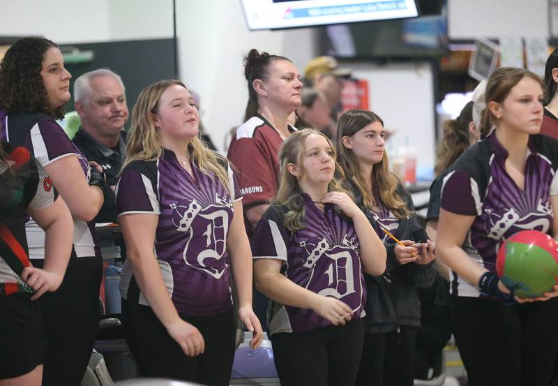 Members of the Dixon girls bowling team Addison Cox, Madolyn Kirby, Mollee Wickert, Delaney Peterson, and Madelyn Bird compete during the IHSA girls bowling Regional meet on Friday, Feb. 6, 2026 at the Illinois Valley Super Bowl in Peru.