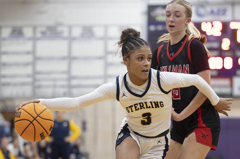 Sterling’s Delali Amankwa handles the ball against Stillman Valley Friday, Dec. 27, 2024, during the Dixon Girls KSB Holiday Basketball Classic.