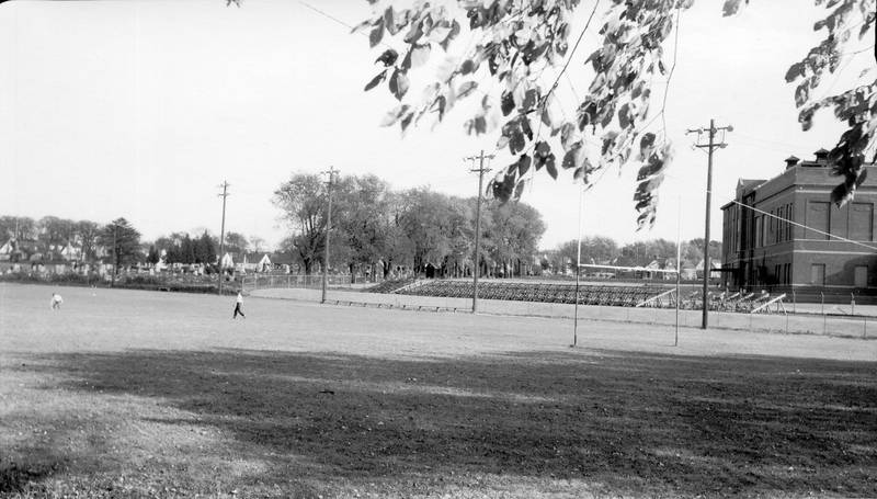 DeKalb High School football field looking southeast toward Sycamore Road in October 1951.