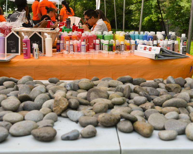 Bottles of paint and rocks sit ready to be used on Saturday, June 7, 2025, during the Ezra Hill Jr. Memorial Foundation’s 5th annual rock painting event held at Tyler Elementary School in DeKalb. The foundation was created to memorialize the late DeKalb boy, shot and killed in 2019.