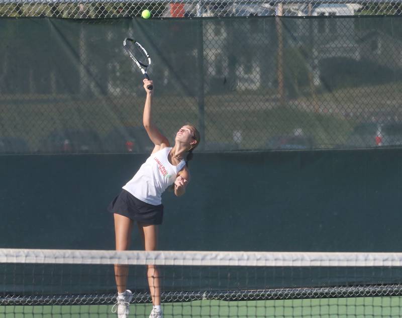 L-P's Dagny Greer serves while playing tennis on Tuesday, Sept. 16, 2025 at Ottawa High School.