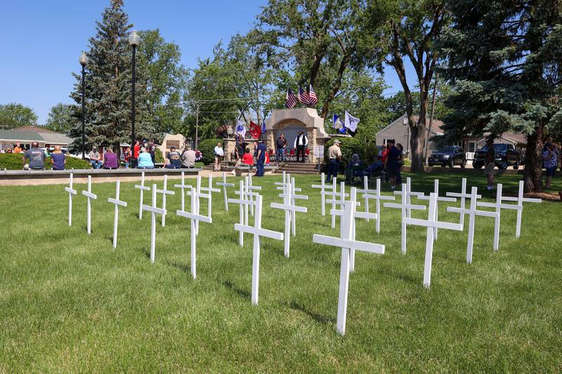 Crosses are displayed in honor of 34 Bradley veterans during the Bradley American Legion's Memorial Day ceremony on Monday, May 25, 2026.