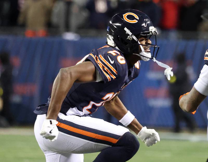Chicago Bears wide receiver Jahdae Walker celebrates after catching the game tying touchdown pass late in the fourth quarter Saturday, December 20, 2025, during their game against the Green Bay Packers at Soldier Field in Chicago.