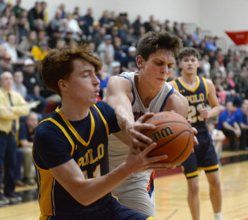 Polo coach Matt Messer talks to an official after two of his starters Brock Soltow and Gus Mumford fouled out in the fourth quarter against Eastland on Friday, Feb. 23, 2024 at the 1A Forreston Regional championship game at Forreston High School.