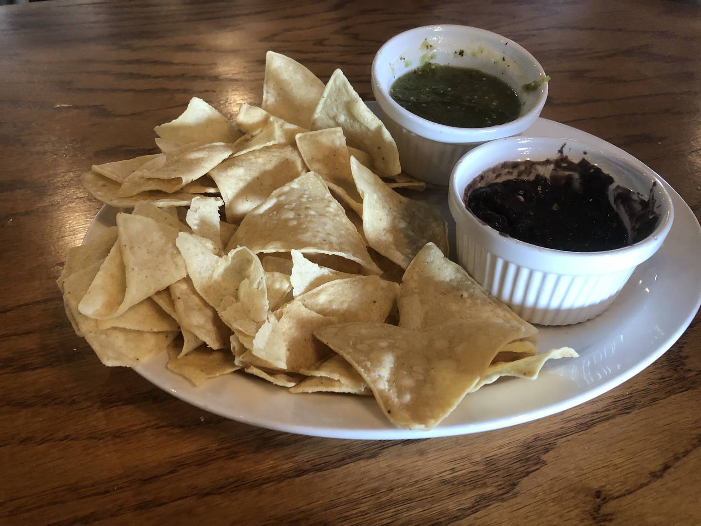 The complimentary chips and salsa starter comes with two types of salsa for discerning taste buds. El Diablo Cantina in Carpentersville.