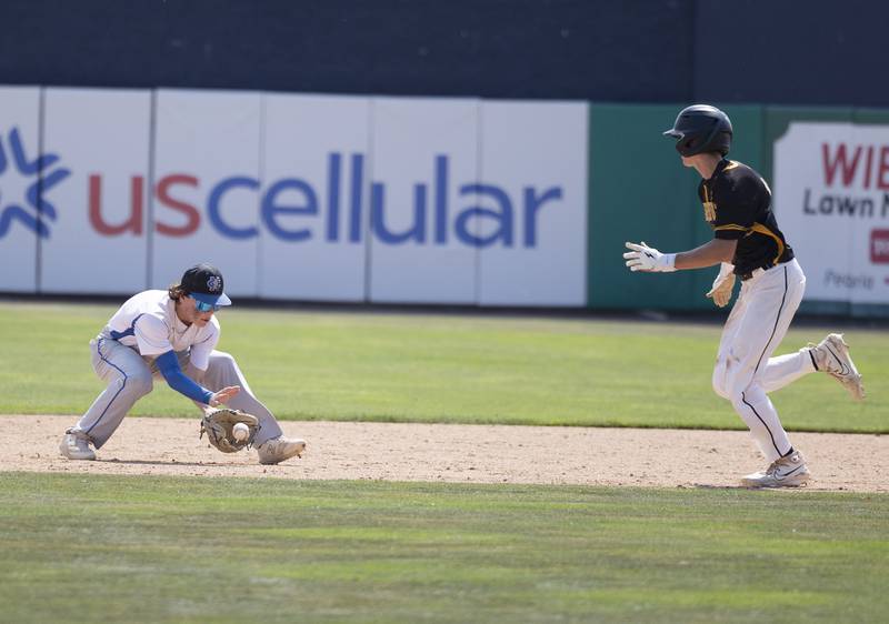 Newman’s Garet Wolfe fields the final out of the game against Goreville Saturday, June 3, 2023 during the IHSA class 1A third place baseball game.