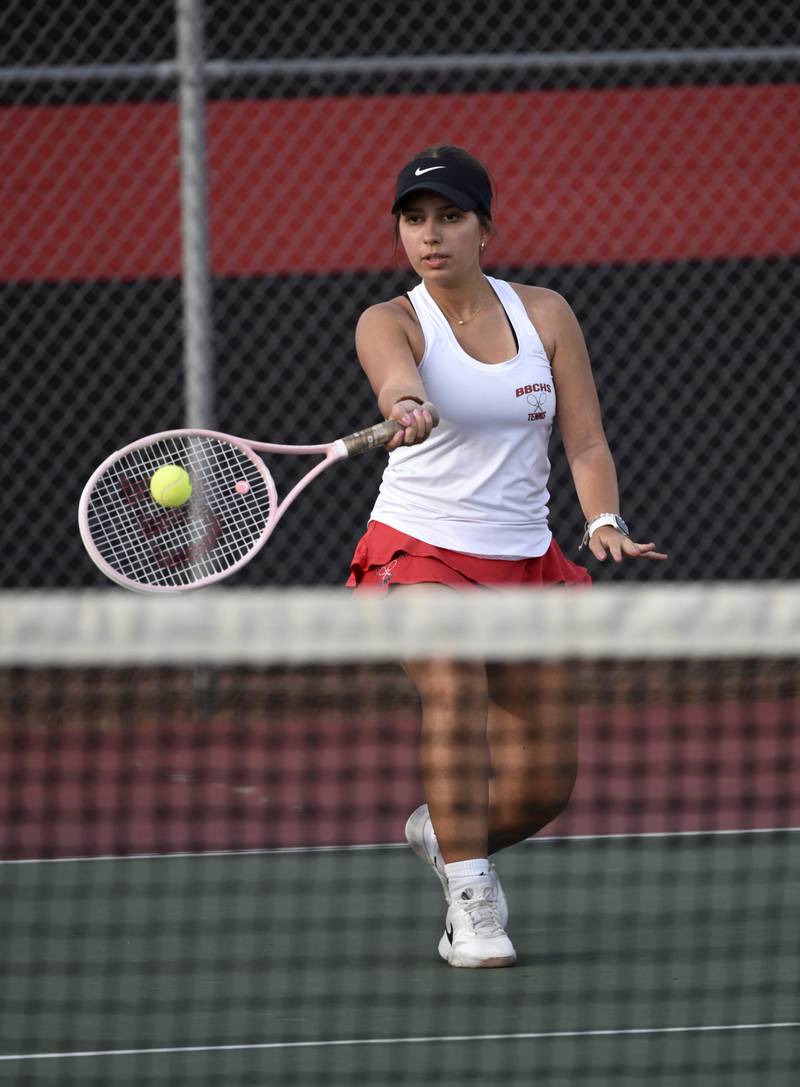 Bradley-Bourbonnais' Lillian Myrick returns a hit in the third place doubles match of the All-City tournament against Bishop McNamara on Wednesday, October 1, 2025.