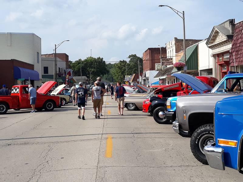 Classic cars lined Main Street in Seneca during the Shipyard Days car show Saturday, Aug. 6, 2022.