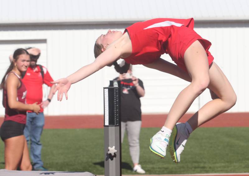 Ottawa's Karsyn Moore competes in the high jump during the Interstate 8 Conference girls track championship on Friday, May 9, 2025 at Morris High School.