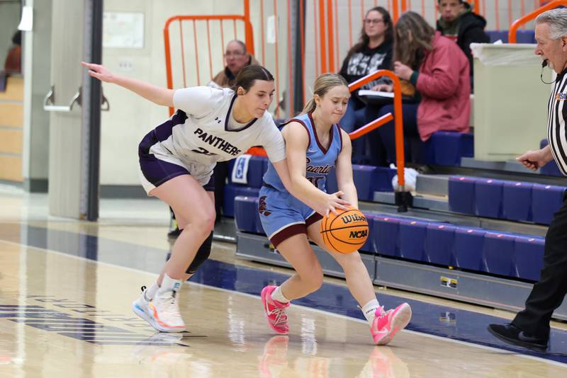 Manteno’s Maddie Gesky steals the ball during the Panthers’ 44-23 victory over St. Joseph-Ogden in the IHSA Class 2A Pontiac Sectional semifinal on Tuesday, Feb. 24, 2026, at Pontiac Township High School.