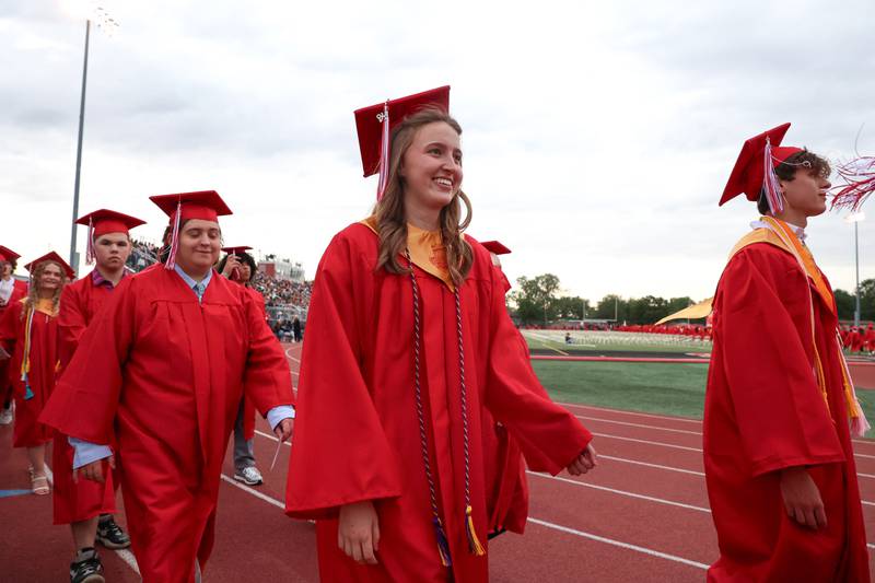 Graduates enter the stadium ahead of the Bradley-Bourbonnais Community High School commencement ceremony on Thursday, May 21, 2026.