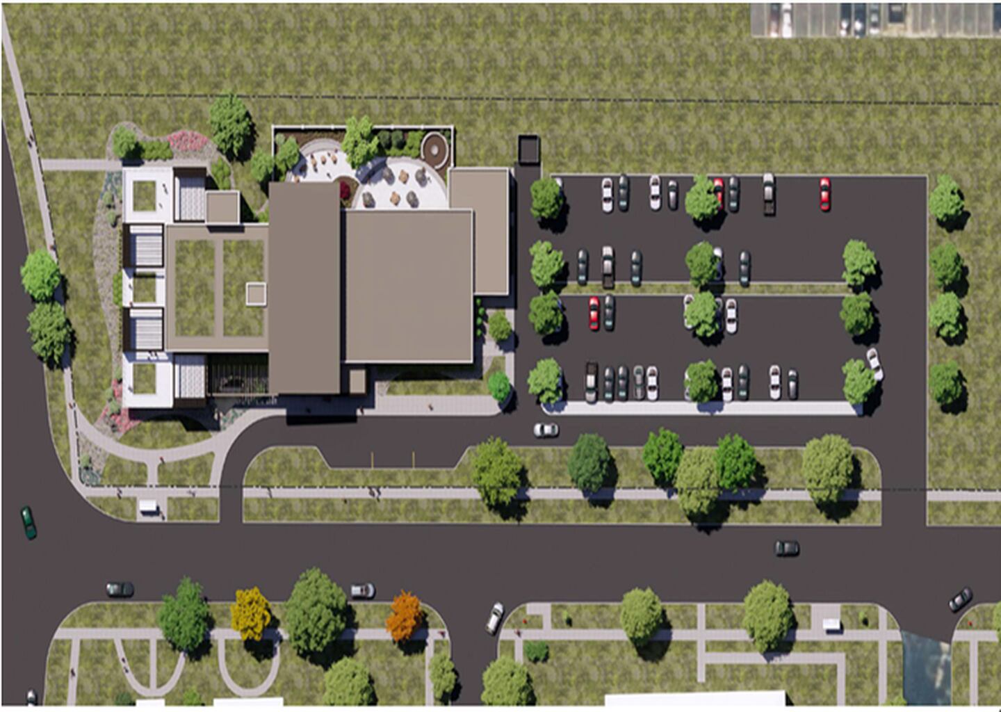 Concept art shows an aerial view of the proposed NIU Center for Greek Life, planned for about 2 acres on city-owned property at Blackhawk Boulevard and West Hillcrest Drive. The project has received support from the city of DeKalb and NIU Foundation. Concept art by Lisle-based Farnsworth Group published by city of DeKalb in March 2024.