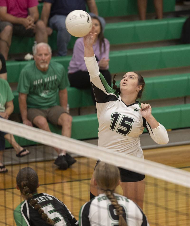 Rock Falls’ Lilly Betts spikes against Lasalle-Peru Wednesday, Sept. 4, 2024, at Rock Falls High School.