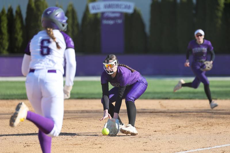 Wilmington's Ally Allgood fields a grounder to first base during the Wildcats' 9-7 loss to Manteno on Tuesday, April 8, 2025.